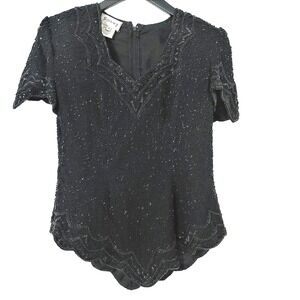 Vintage Stenay Silk Beaded‎ Top Black Short Sleeve V-Neck Formal 20s Gatsby S